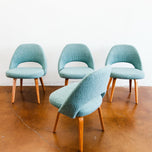 AUTHENTIC 1950S SAARINEN ARMLESS EXECUTIVE CHAIRS BY KNOLL, SET OF 4, BLUE UPHOLSTERY, WOODEN BASE