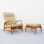 1960S DANISH MODERN RECLINING OAK LOUNGE CHAIR AND OTTOMAN, ATTRIBUTED TO IB KOFOD-LARSEN, SEATING