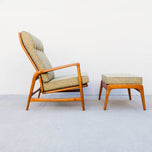 1960S DANISH MODERN RECLINING OAK LOUNGE CHAIR AND OTTOMAN, ATTRIBUTED TO IB KOFOD-LARSEN, SEATING