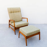 1960S DANISH MODERN RECLINING OAK LOUNGE CHAIR AND OTTOMAN, ATTRIBUTED TO IB KOFOD-LARSEN, SEATING
