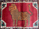 1950S ANTIQUE PERSIAN GABBEH WOOL RUG 4X5, LION PICTORIAL RUG, RED ORANGE BLACK, HAND KNOTTED HANDMADE VINTAGE GABBEH CARPET 4X5 FT, TRIBAL RUG