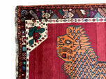 1950S ANTIQUE PERSIAN GABBEH WOOL RUG 4X5, LION PICTORIAL RUG, RED ORANGE BLACK, HAND KNOTTED HANDMADE VINTAGE GABBEH CARPET 4X5 FT, TRIBAL RUG