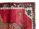 1950S ANTIQUE PERSIAN GABBEH WOOL RUG 4X5, LION PICTORIAL RUG, RED ORANGE BLACK, HAND KNOTTED HANDMADE VINTAGE GABBEH CARPET 4X5 FT, TRIBAL RUG