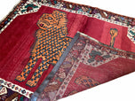 1950S ANTIQUE PERSIAN GABBEH WOOL RUG 4X5, LION PICTORIAL RUG, RED ORANGE BLACK, HAND KNOTTED HANDMADE VINTAGE GABBEH CARPET 4X5 FT, TRIBAL RUG