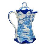 ANTIQUE ENGLISH FLOW BLUE TRANSFERWARE CHINOISERIE CHOCOLATE POT WITH PAGODA, MID 19TH CENTURY, UNITED KINGDOM,