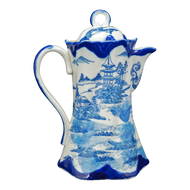 ANTIQUE ENGLISH FLOW BLUE TRANSFERWARE CHINOISERIE CHOCOLATE POT WITH PAGODA, MID 19TH CENTURY, UNITED KINGDOM,
