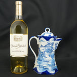 ANTIQUE ENGLISH FLOW BLUE TRANSFERWARE CHINOISERIE CHOCOLATE POT WITH PAGODA, MID 19TH CENTURY, UNITED KINGDOM,