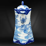 ANTIQUE ENGLISH FLOW BLUE TRANSFERWARE CHINOISERIE CHOCOLATE POT WITH PAGODA, MID 19TH CENTURY, UNITED KINGDOM,