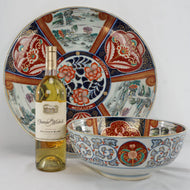 LARGE JAPANESE IMARI CHARGER AND MATCHING LARGE BOWL WITH LANDSCAPE SCENES SIGNED TEIZEN C 1910, 1910S, PORCELAIN