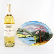 VINTAGE HAND-PAINTED VEGETABLE BOWL OCCUPIED JAPAN LANDSCAPE WITH CHERRY TREES AITO CHINA, 1950S, PORCELAIN
