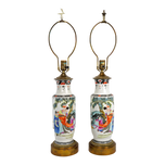 ANTIQUE MIRRORED PAIR OF CHINESE REPUBLIC PORCELAIN URN LAMPS, MID 20TH CENTURY, CHINA, BRASS