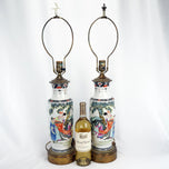 ANTIQUE MIRRORED PAIR OF CHINESE REPUBLIC PORCELAIN URN LAMPS, MID 20TH CENTURY, CHINA, BRASS