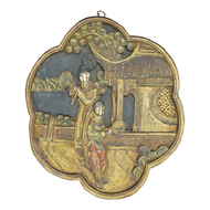 CHINESE CARVED WOOD PLAQUE OF WOMAN AND ATTENDANT CIRCA 1920, 1920S, CHINA