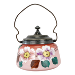VICTORIAN PAINTED GLASS BISCUIT JAR SILVER PLATE MOUNT CIRCA 1890, LATE 19TH CENTURY, UNITED STATES