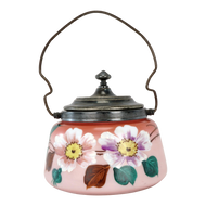 VICTORIAN PAINTED GLASS BISCUIT JAR SILVER PLATE MOUNT CIRCA 1890, LATE 19TH CENTURY, UNITED STATES