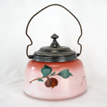 VICTORIAN PAINTED GLASS BISCUIT JAR SILVER PLATE MOUNT CIRCA 1890, LATE 19TH CENTURY, UNITED STATES
