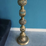 THREE VINTAGE ORNATE INDIAN CAST BRASS FLOOR-STANDING CANDLE PILLARS/STANDS, 1970S