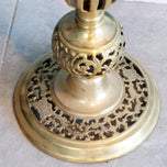 THREE VINTAGE ORNATE INDIAN CAST BRASS FLOOR-STANDING CANDLE PILLARS/STANDS, 1970S