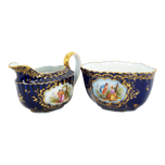 ANTIQUE GERMAN RICHARD KLEMM DRESDEN COBALT BLUE GOLD COURTING COUPLE CREAMER SUGAR SET, EARLY 20TH CENTURY, GERMANY,