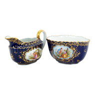 ANTIQUE GERMAN RICHARD KLEMM DRESDEN COBALT BLUE GOLD COURTING COUPLE CREAMER SUGAR SET, EARLY 20TH CENTURY, GERMANY,