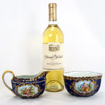 ANTIQUE GERMAN RICHARD KLEMM DRESDEN COBALT BLUE GOLD COURTING COUPLE CREAMER SUGAR SET, EARLY 20TH CENTURY, GERMANY,