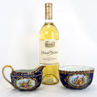 ANTIQUE GERMAN RICHARD KLEMM DRESDEN COBALT BLUE GOLD COURTING COUPLE CREAMER SUGAR SET, EARLY 20TH CENTURY, GERMANY,