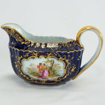 ANTIQUE GERMAN RICHARD KLEMM DRESDEN COBALT BLUE GOLD COURTING COUPLE CREAMER SUGAR SET, EARLY 20TH CENTURY, GERMANY,