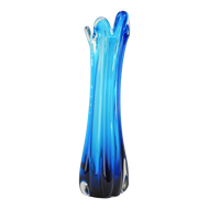 VINTAGE MCM 12 ½ IN TURQUOISE BLUE 5 FINGER SWUNG GLASS VASE, 1960S, UNITED STATES