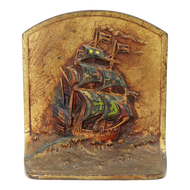 SINGLE SHIP AT SUNRISE BOOKEND LITTCO BRONZED CAST IRON POLYCHROME CIRCA 1925, 1920S, UNITED STATES