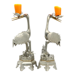 PAIR CHINESE MIXED-METAL PEWTER CRANE SCULPTURES CANDLESTICKS, LATE 20TH CENTURY, CHINA, BRASS