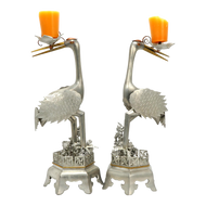 PAIR CHINESE MIXED-METAL PEWTER CRANE SCULPTURES CANDLESTICKS, LATE 20TH CENTURY, CHINA, BRASS