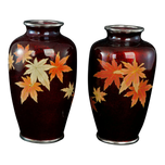 MID-CENTURY ANDO SATO JAPANESE CLOISONNÉ MAPLE LEAF VASES - A PAIR, MID 20TH CENTURY
