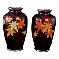 MID-CENTURY ANDO SATO JAPANESE CLOISONNÉ MAPLE LEAF VASES - A PAIR, MID 20TH CENTURY