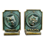 PAIR OF MID CENTURY COMEDY AND DRAMA ISRAELI DAYAGI BROTHERS BRONZE BOOKENDS CIRCA 1960, 1960S, VERDIGRIS BRONZE FINISH
