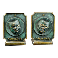 PAIR OF MID CENTURY COMEDY AND DRAMA ISRAELI DAYAGI BROTHERS BRONZE BOOKENDS CIRCA 1960, 1960S, VERDIGRIS BRONZE FINISH