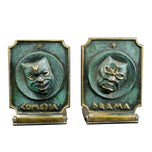 PAIR OF MID CENTURY COMEDY AND DRAMA ISRAELI DAYAGI BROTHERS BRONZE BOOKENDS CIRCA 1960, 1960S, VERDIGRIS BRONZE FINISH