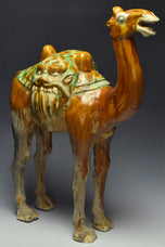 A LARGE TANG DYNASTY SANCAI-GLAZED POTTERY CAMEL