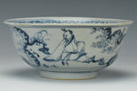 A MING DYNASTY BLUE AND WHITE FIGURAL BOWL 15TH CENTURY