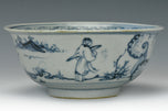A MING DYNASTY BLUE AND WHITE FIGURAL BOWL 15TH CENTURY