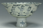 A MING DYNASTY BLUE AND WHITE FIGURAL STEM BOWL 15TH CENTURY