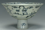 A MING DYNASTY BLUE AND WHITE FIGURAL STEM BOWL 15TH CENTURY