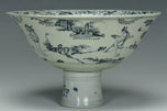 A MING DYNASTY BLUE AND WHITE FIGURAL STEM BOWL 15TH CENTURY