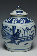 A LATE MING DYNASTY BLUE AND WHITE FIGURAL JAR