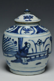 A LATE MING DYNASTY BLUE AND WHITE FIGURAL JAR