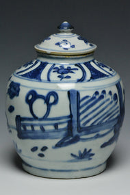 A LATE MING DYNASTY BLUE AND WHITE FIGURAL JAR