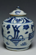 A LATE MING DYNASTY BLUE AND WHITE FIGURAL JAR
