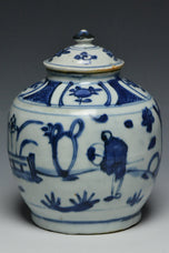 A LATE MING DYNASTY BLUE AND WHITE FIGURAL JAR