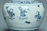 A MING DYNASTY BLUE AND WHITE BOYS JAR 16TH CENTURY AND BOX