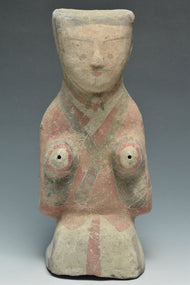 A HAN DYNASTY PAINTED POTTERY KNEELING ATTENDANT