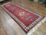 1930S ANTIQUE PERSIAN HERIZ KARAJEH RUNNER RUG 3X11, HAND-KNOTTED RED GEOMETRIC MEDALLIONS